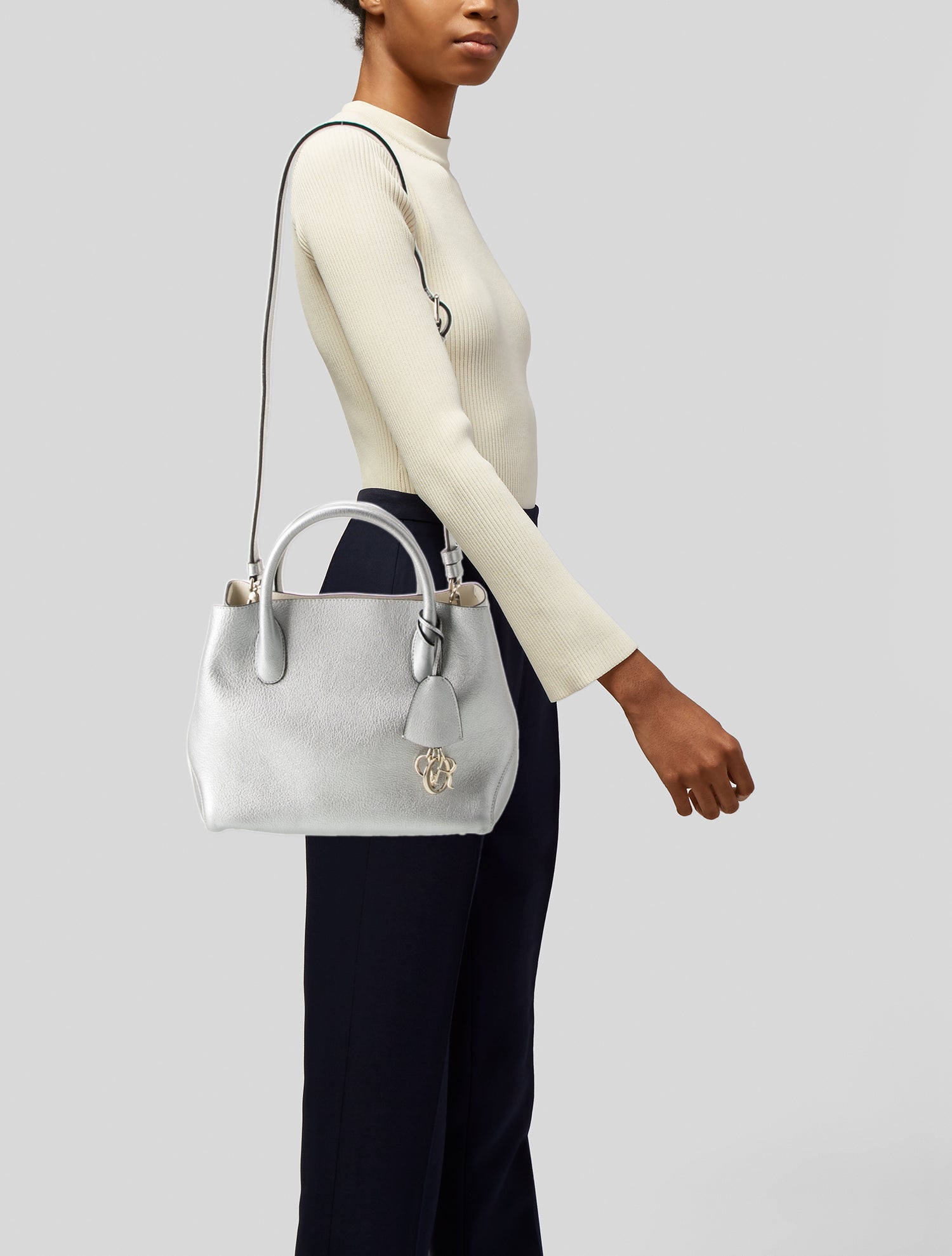 Christian Dior Leather Metallic Silver Grained Medium